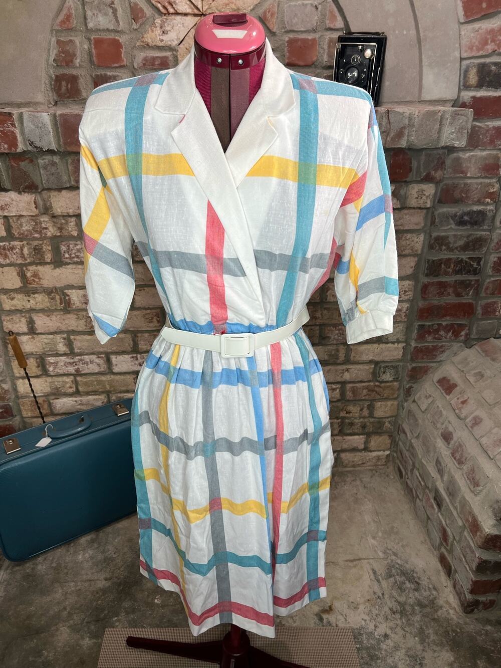 Dress Windowpane plaid shirt dress red blue yellow
